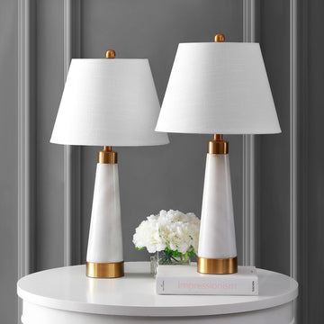 Travis 26.5" Marble/Iron Gold Modern Column LED Table Lamp - JONATHAN Y